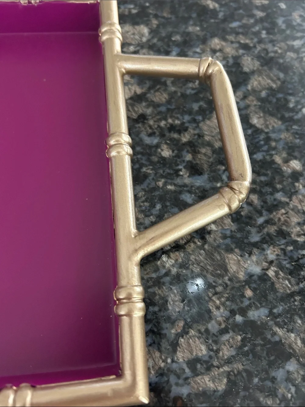 ASHLEY FUSHIA & GOLD METAL TRAY W BAMBOOEDGE AND HANDLES NWT